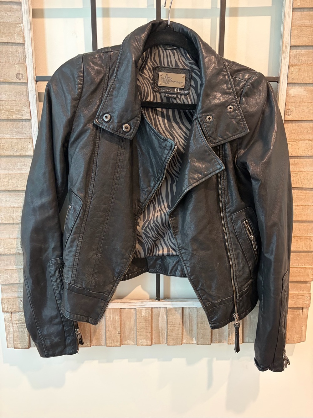 Mackage x Aritzia Black Leather Moto Jacket with Zebra Lining